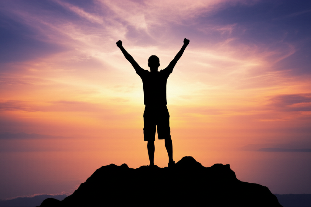 Person standing triumphantly on mountain summit at sunrise, symbolizing achievement and transformation with MindShift coaching